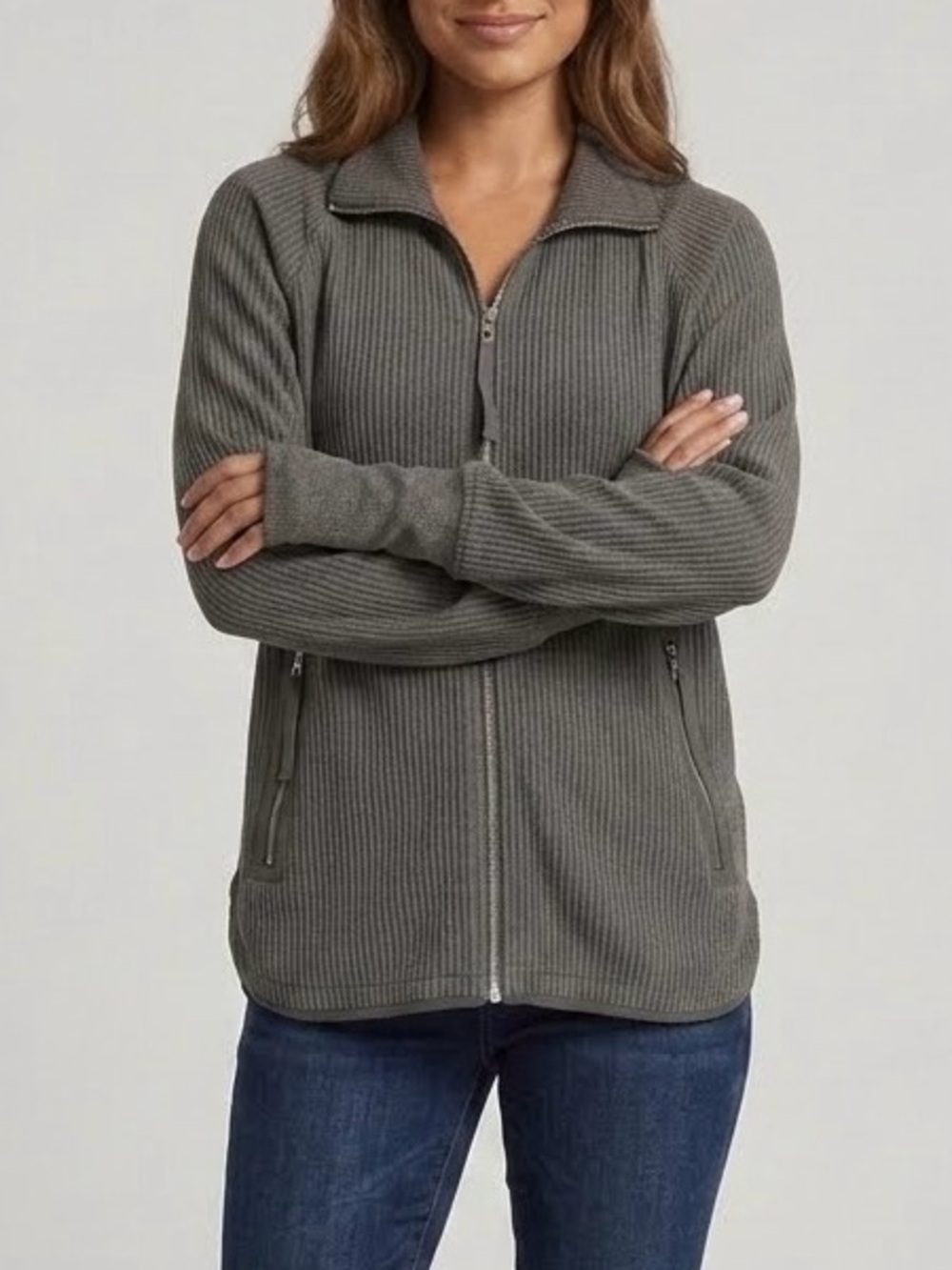 Varley Ribbed Front Zip-Up Textured Knit Sweater Jacket, Charcoal Marl, Size M